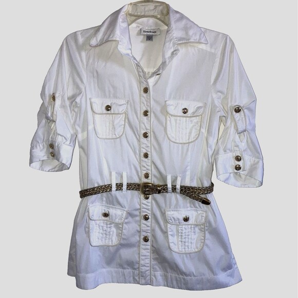 BEBE Fresh White Cotton Gold Logo Button Short Sleeve Tunic Top Belt Pintuck i - Picture 2 of 4